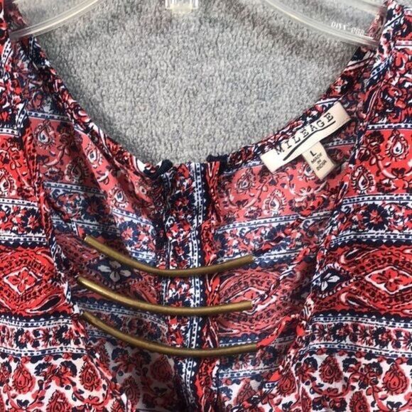 Vintage-Inspired Mileage Sleeveless Red & Blue Patterned Blouse With Keyhole Det - Picture 7 of 15